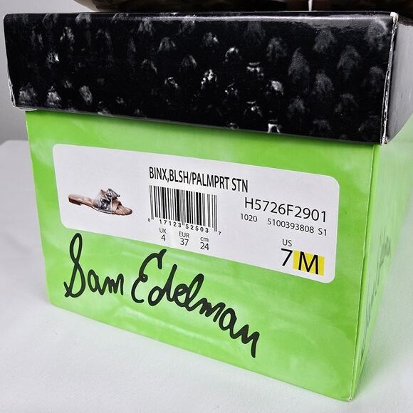 Sam Edelman Binx Sandals Sz 7 Blush Pink Satin Slides Tropical Palm Knot Detail - Picture 6 of 6